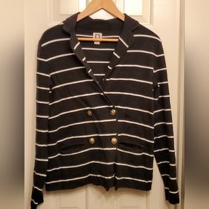 Anne Klein Navy Stripe Sweater Cardigan Size L with Signature Lion Gold Buttons